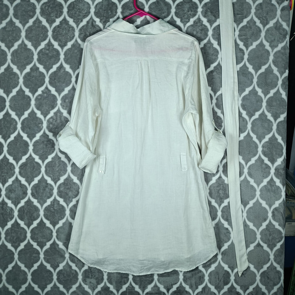 La Blanca Cover Up Shirt Dress Womens Medium White Linen Roll Tab Sleeve Belted - Picture 4 of 11